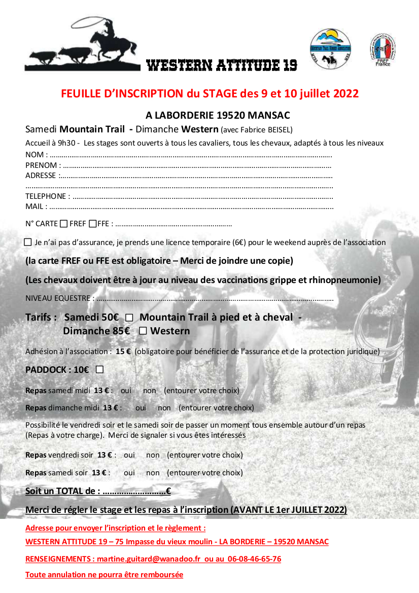  9 JUILLET  STAGE DE MOUNTAIN TRAIL ET  STAGE D'EQUITATION WESTERN LE 10 JUILLET 2022